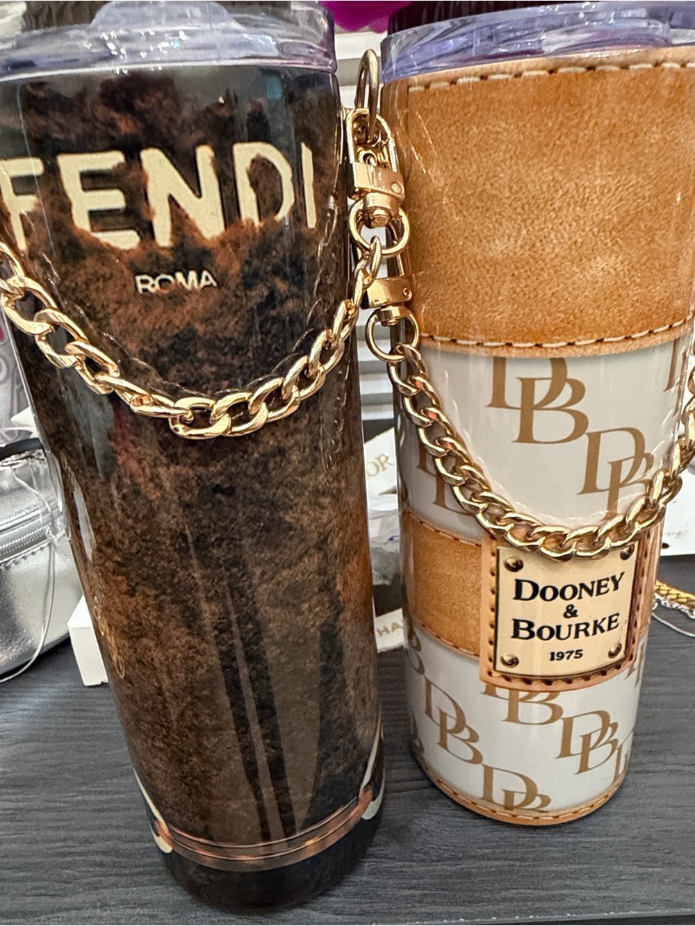 Unbranded Fun White and Tan Logo Cylinder Tumbler with Gold Chain Detail